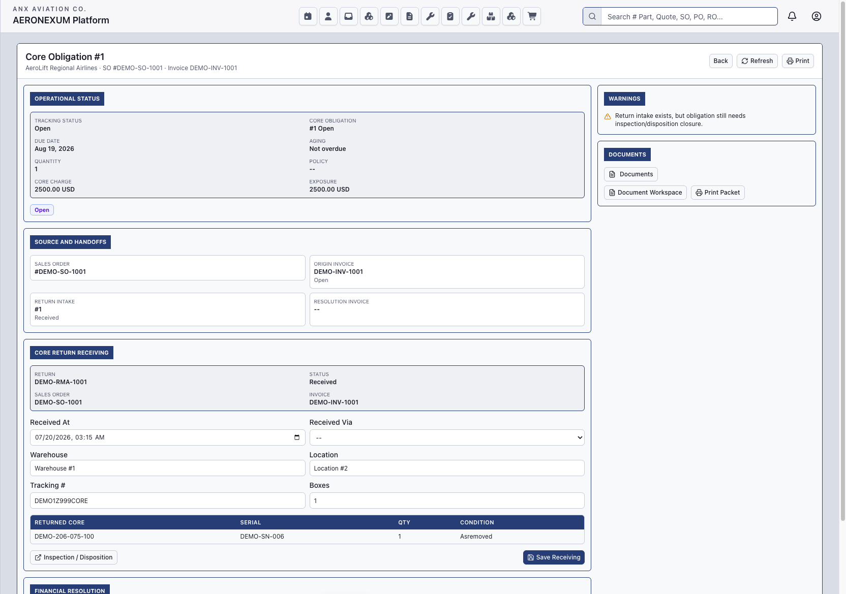Aeronexum core obligation tracking screen with return receiving and financial resolution