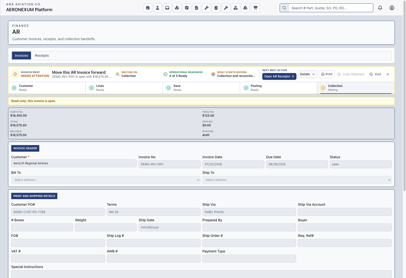 Aeronexum invoicing screen
