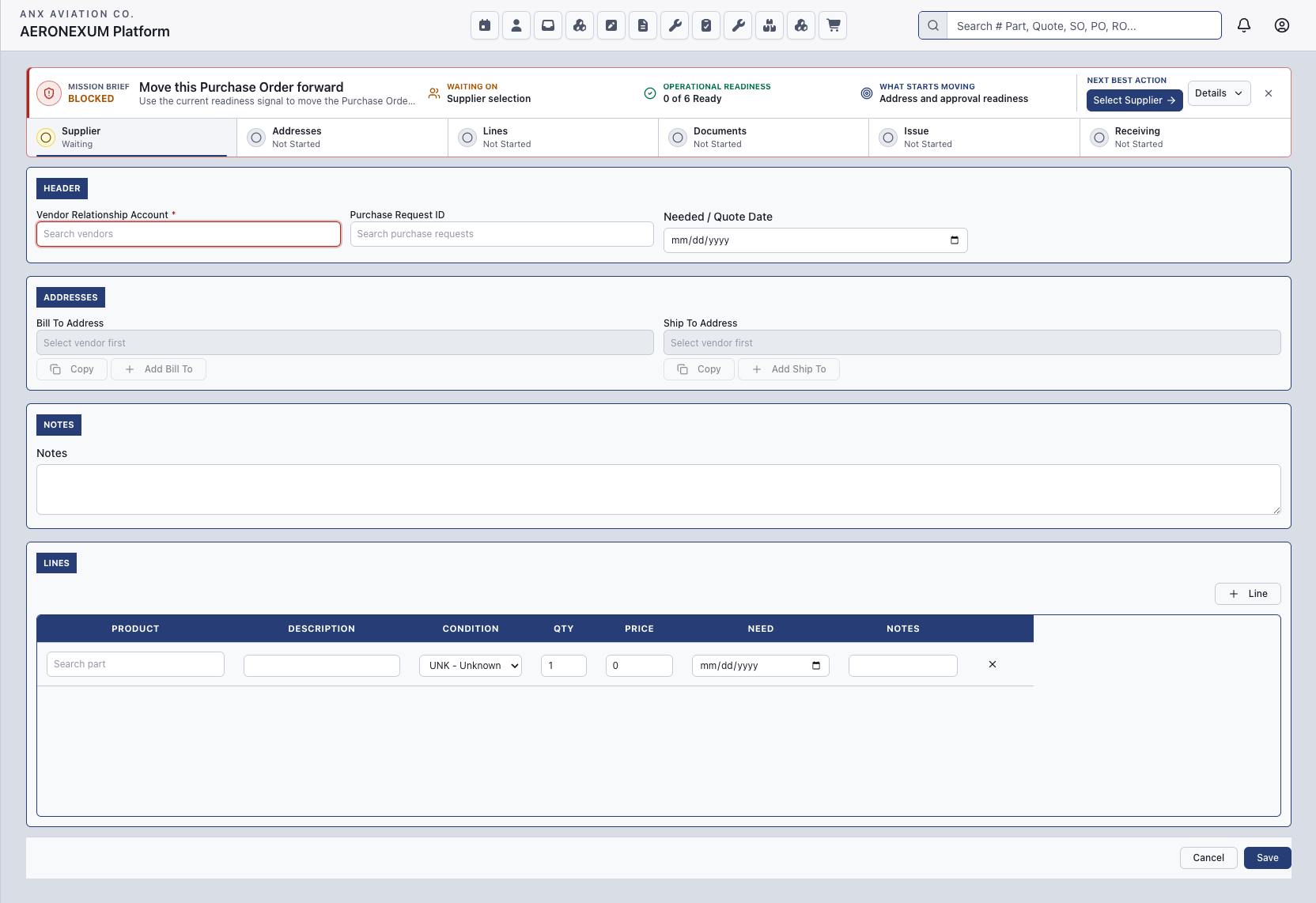 Aeronexum purchase order management screen